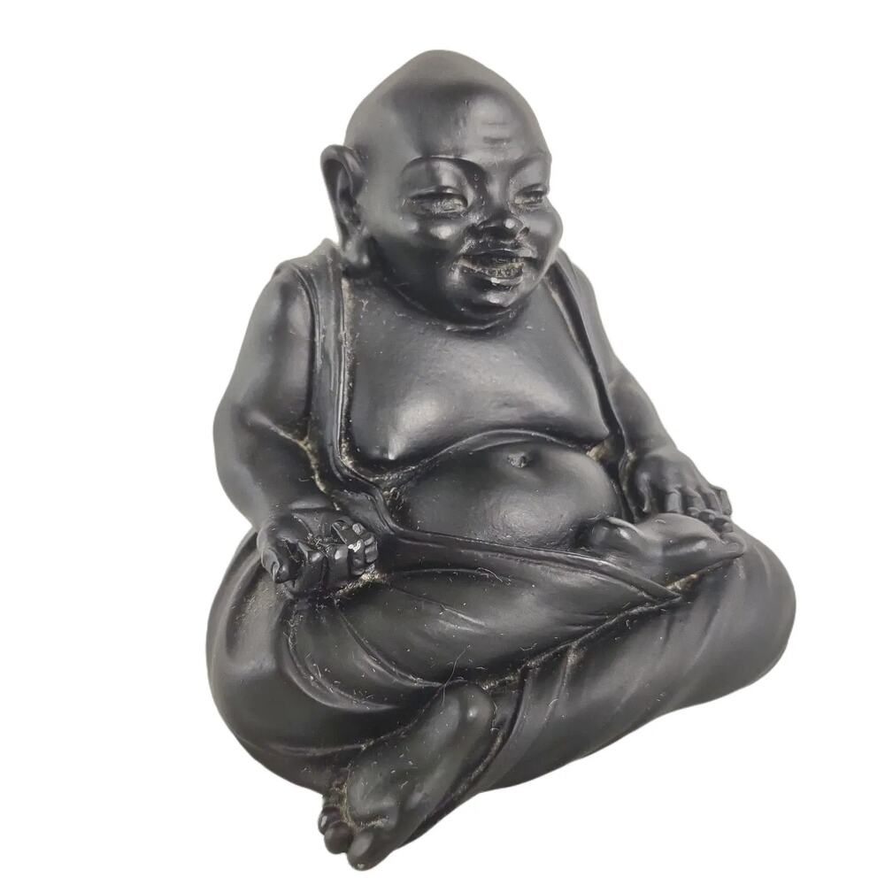 Vintage Laughing Happy Sitting‎ Black Buddha Figurine Statue 3.25" Resin